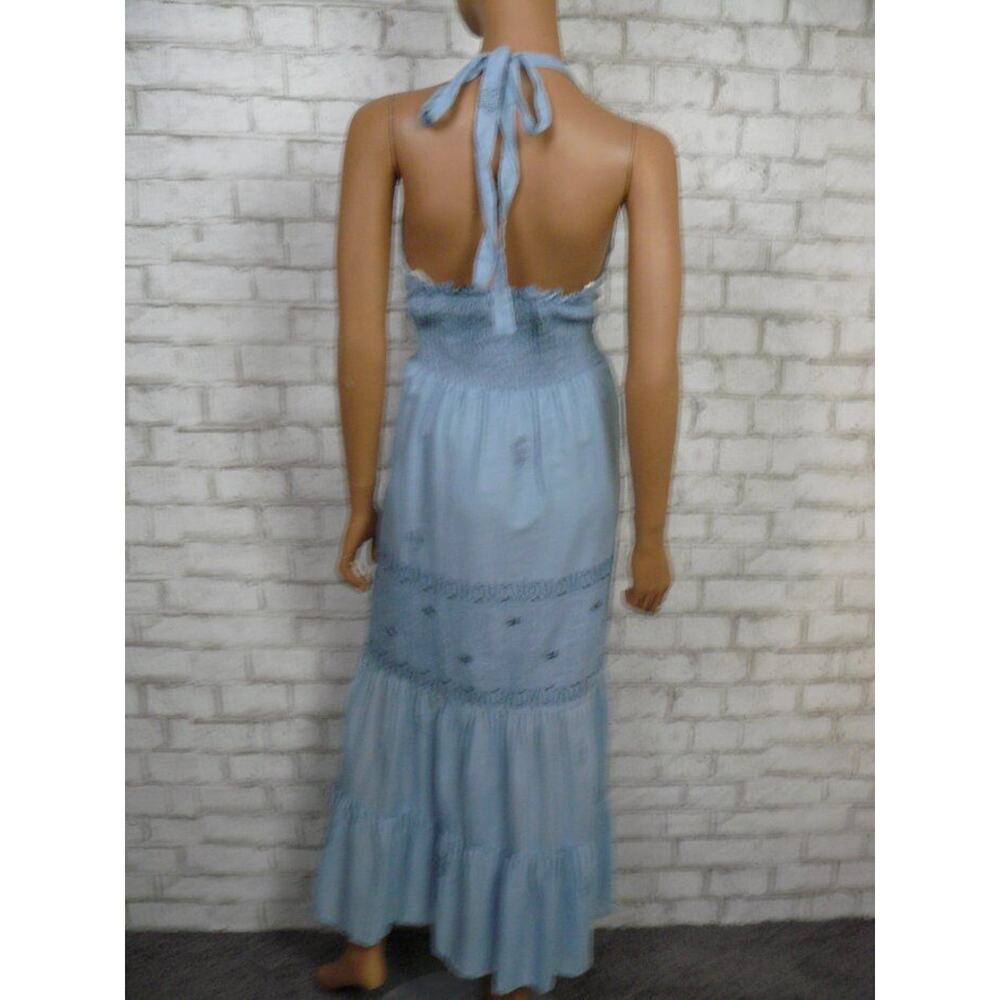 $300 Sky Blue Smocked Boho Silk Embroidered Tiered Halter Maxi Dress XS NEW - Picture 9 of 9
